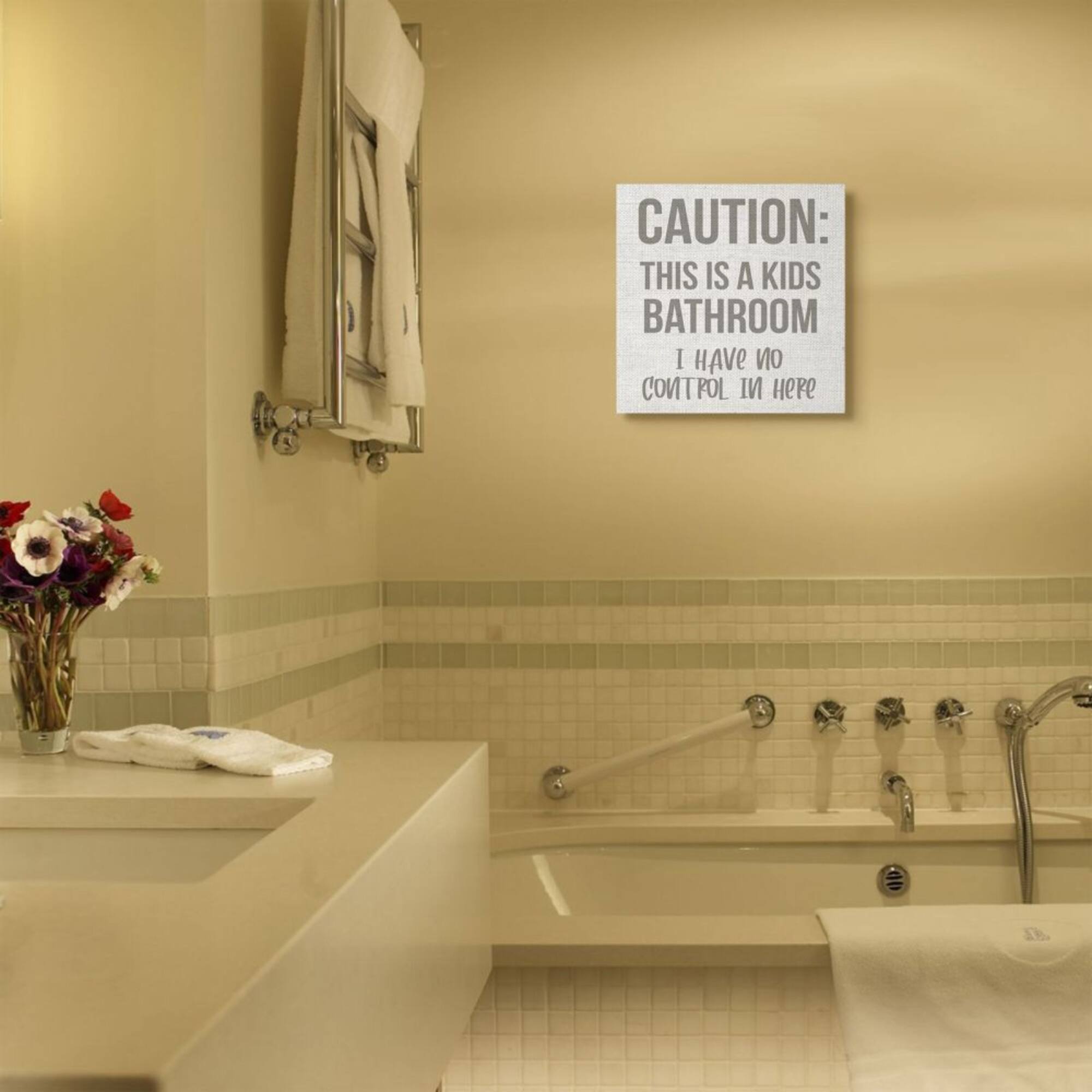 Stupell Industries Caution Kid's Bathroom Phrase Canvas Wall Art